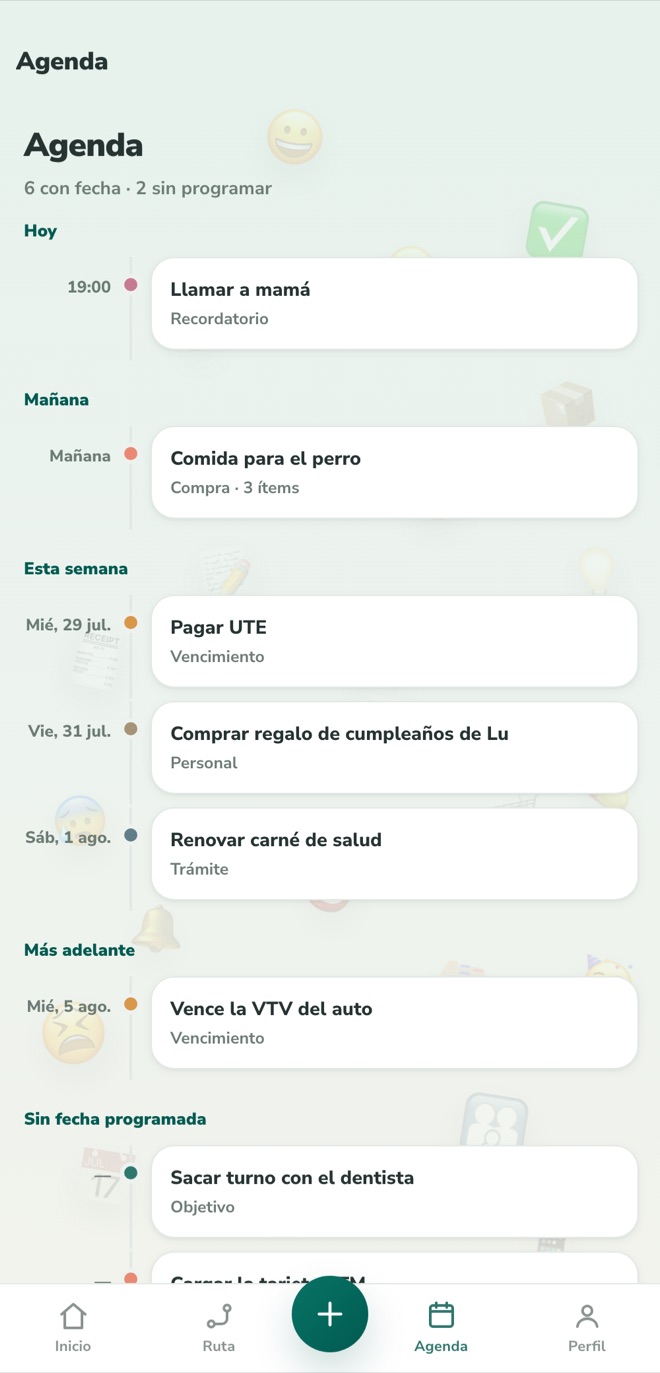 Pantalla Agenda de la app de Nidu, con los pendientes por día.