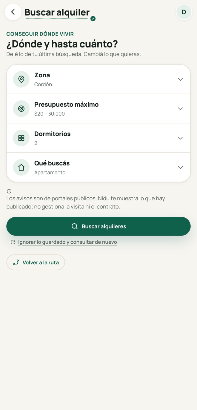 La pantalla «Buscar alquiler» de la app de Nidu: zona Cordón, presupuesto de 20 a 30 mil pesos, 2 dormitorios, apartamento.