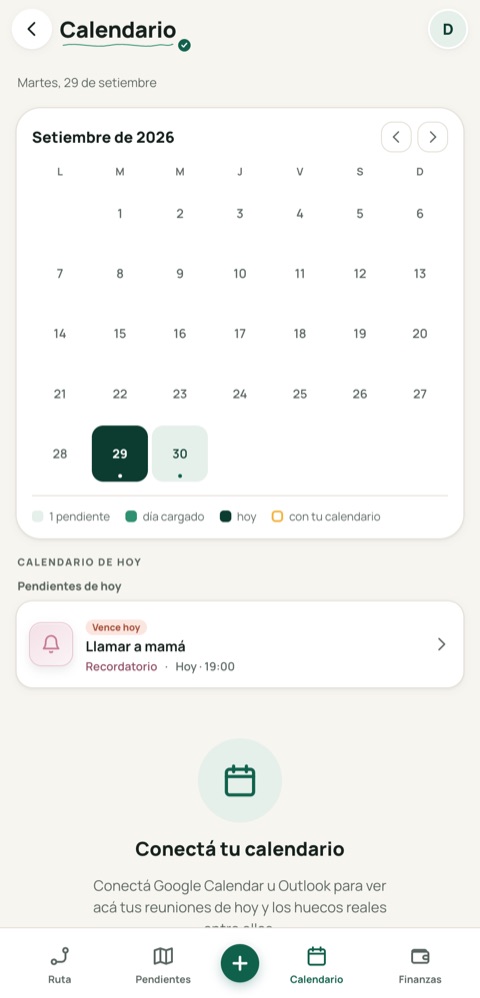 La pantalla de calendario de Nidu: el mes con los días cargados y los pendientes de hoy.