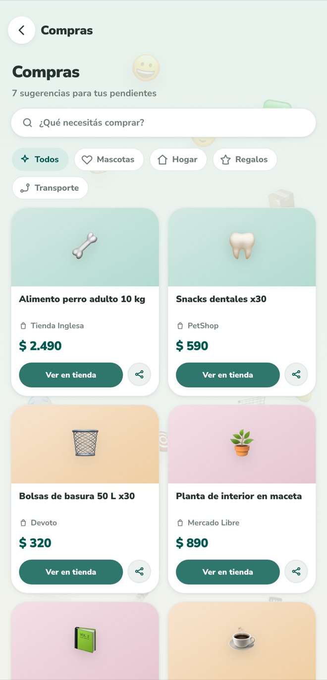 Pantalla de Compras de la app de Nidu, con opciones de tiendas y precios.