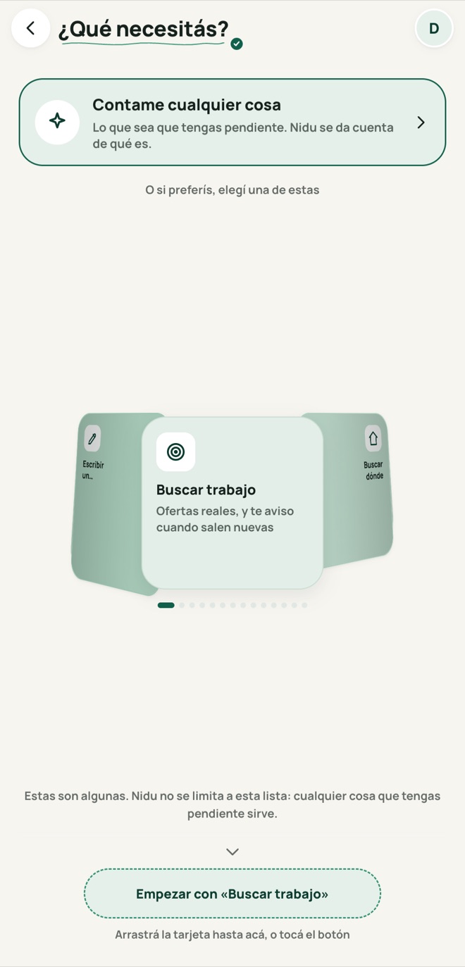 Pantalla «¿Qué necesitás?» de Nidu: contame cualquier cosa, o elegí de dónde arrancar.