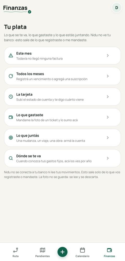 La pantalla de finanzas de Nidu: este mes, todos los meses, la tarjeta, lo que gastaste, lo que juntás y dónde se te va.