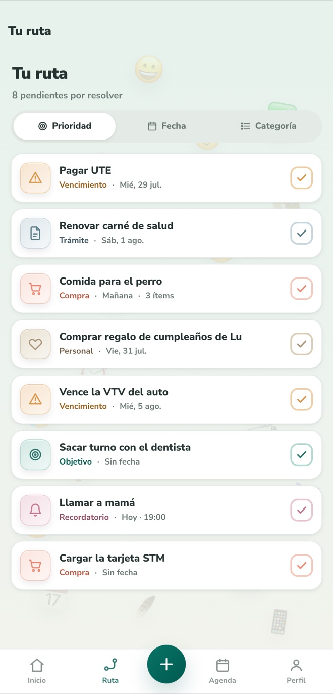 Pantalla Tu ruta de la app de Nidu, con los pendientes ordenados por prioridad.