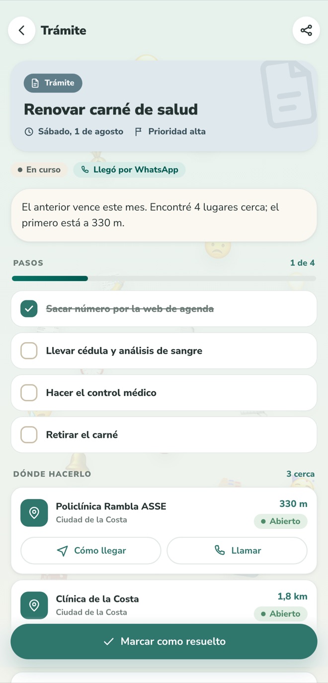 Pantalla de un trámite en la app de Nidu, con los pasos y los lugares cerca.