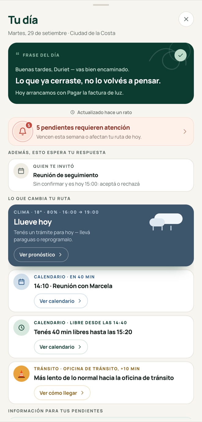 Pantalla «Tu día» de Nidu: lo que requiere atención, el clima que cambia la ruta y el calendario.